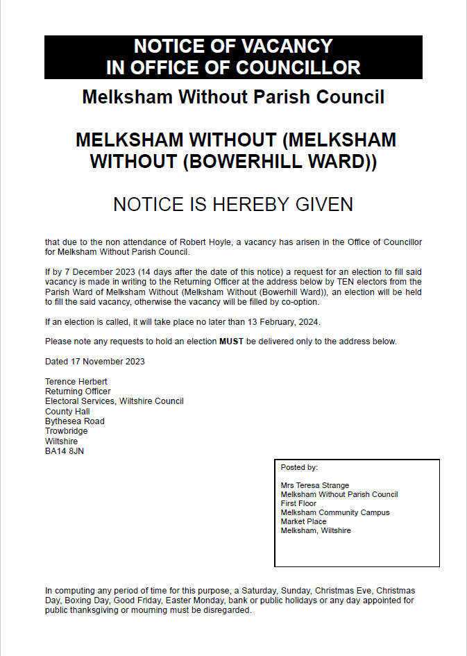 Notice of vacancy in office of Councillor Bowerhill Ward